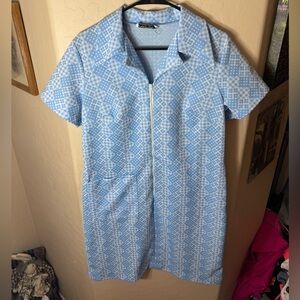 Vintage Flutterbye Blue White Mod Zip Front Shift Dress Retro Pocket House Dress
